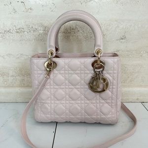 CHRISTIAN DIOR Lambskin Cannage Medium Lady Dior Rose Poudre